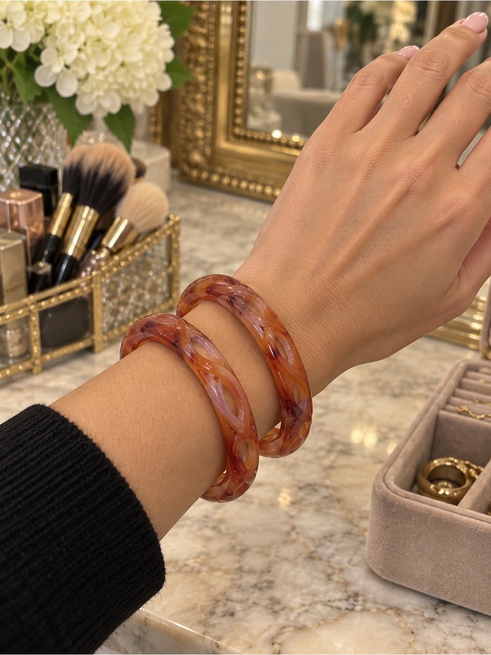 Vintage Tortoiseshell Bakelite Carved Bangle Bracelets Set of 2